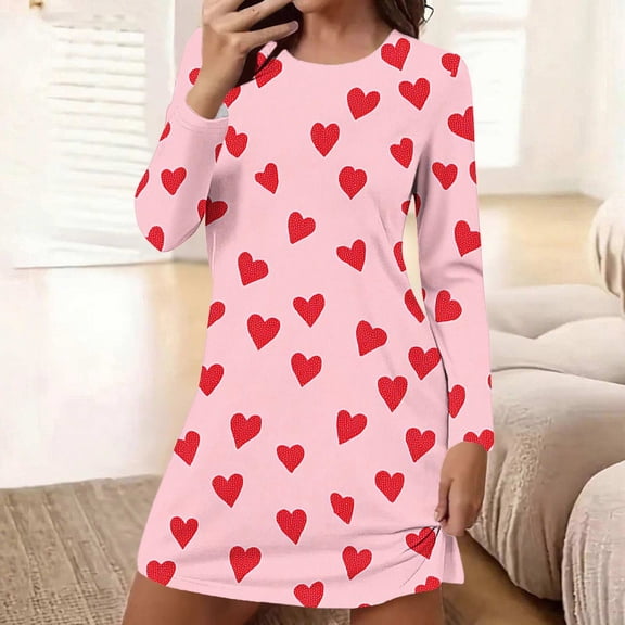 Sakmal Valentines Mumu Nightgownss for Women Love Lightweight Long Sleeve Pajama Sleep Dress Heart Print Knee Length Womens Nightgown L