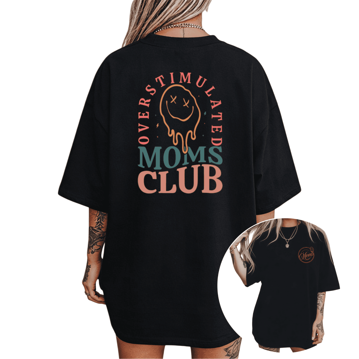 Women's Overstimulated Moms Club Drippy Smiley Graphic T Shirt Funny Mom Life Print Casual Short Sleeve Round Neck Top Black S-5XL
