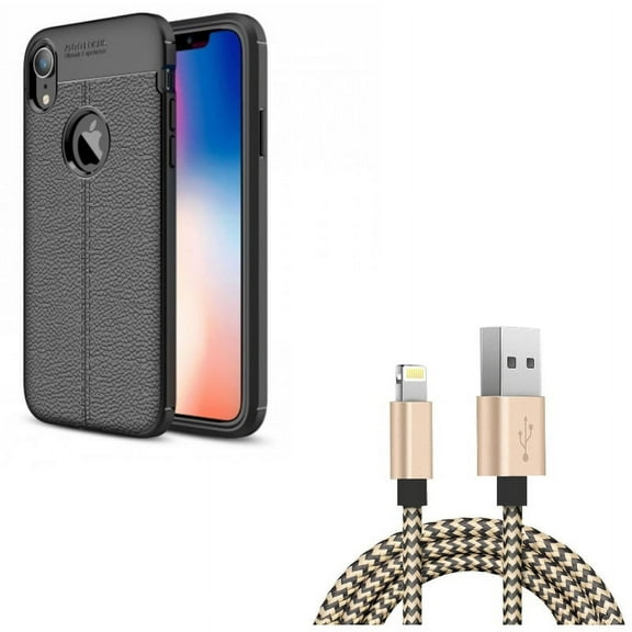 USB Cable w Case for iPhone XR - 6ft Charger Cord Power Wire, PU Leather Slim Fit Cover Reinforced Bumper Shock Absorbent Compatible With iPhone XR