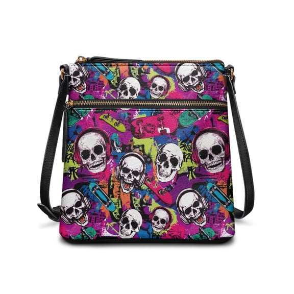 Kuiaobaty Skull Skateboard Print Crossbody Bag for Women, Punk Zipper Portable Leather Satchel Purse Crossbody, Large Capacity Hobo Handbag with Adjustable Strap for Travel