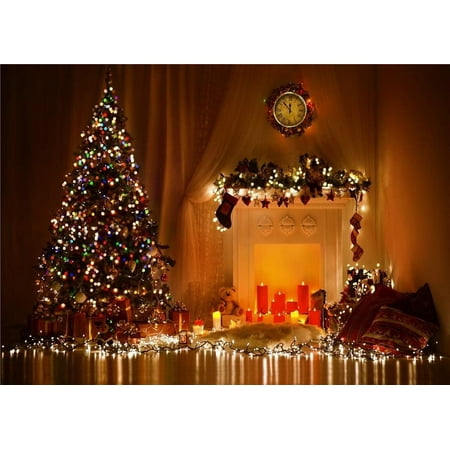 Image of Christmas Stocking on Fireplace Photo Background Xmas Tree with Colorful Lights Backdrop and Christmas Pillow and Gifts Background
