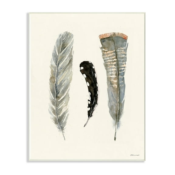 The Stupell Home Decor Three Soft Grey and Black Watercolor Feathers Wall Plaque Art