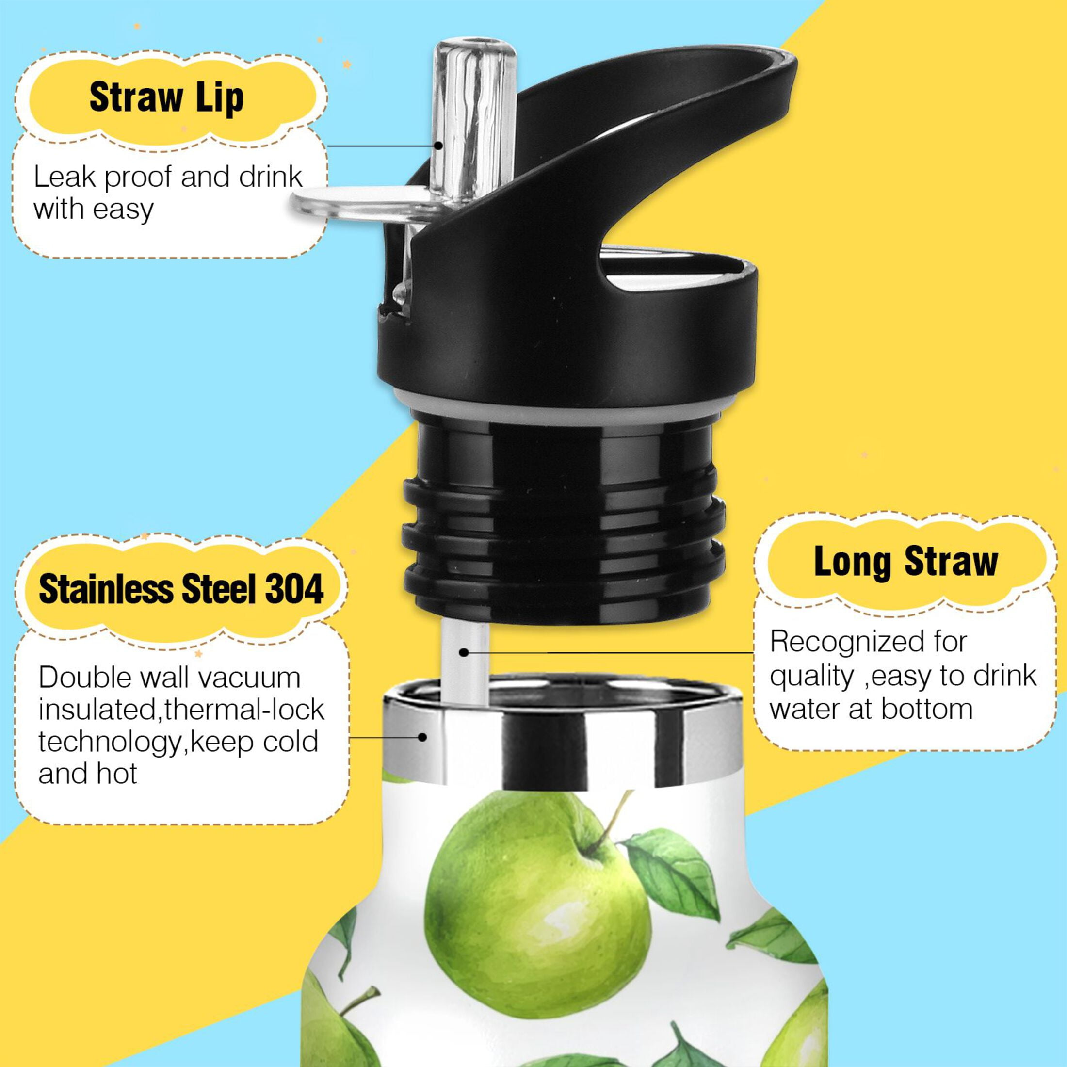 Kids Insulated Stainless Steel Sports Water Bottle 600ml (20oz) Cartoon Green Apples Pattern