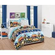 Fancy Linen Boys Comforter and Sheet Set Construction Zone Public Work Excavator Dump Trucks Front and Backhoe Loader Tractors Light Blue Red Yellow Dark Blue New Construction (Full)