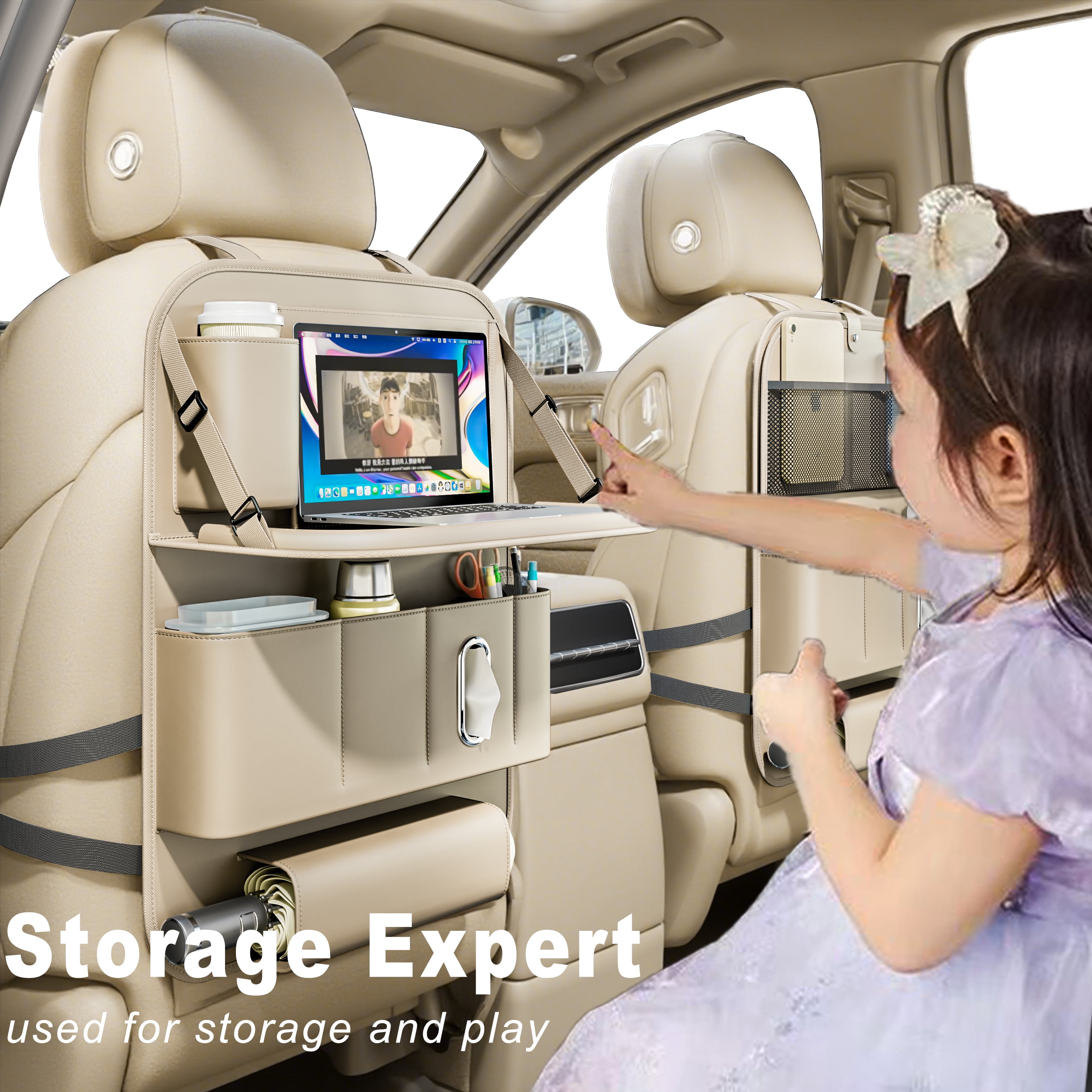 GMQ Backseat Car Organizer with Tray 1 Pack,Multifunctional Seat Back Organizer for Kids with Storage Pockets,23 in x 16 in(Beige)