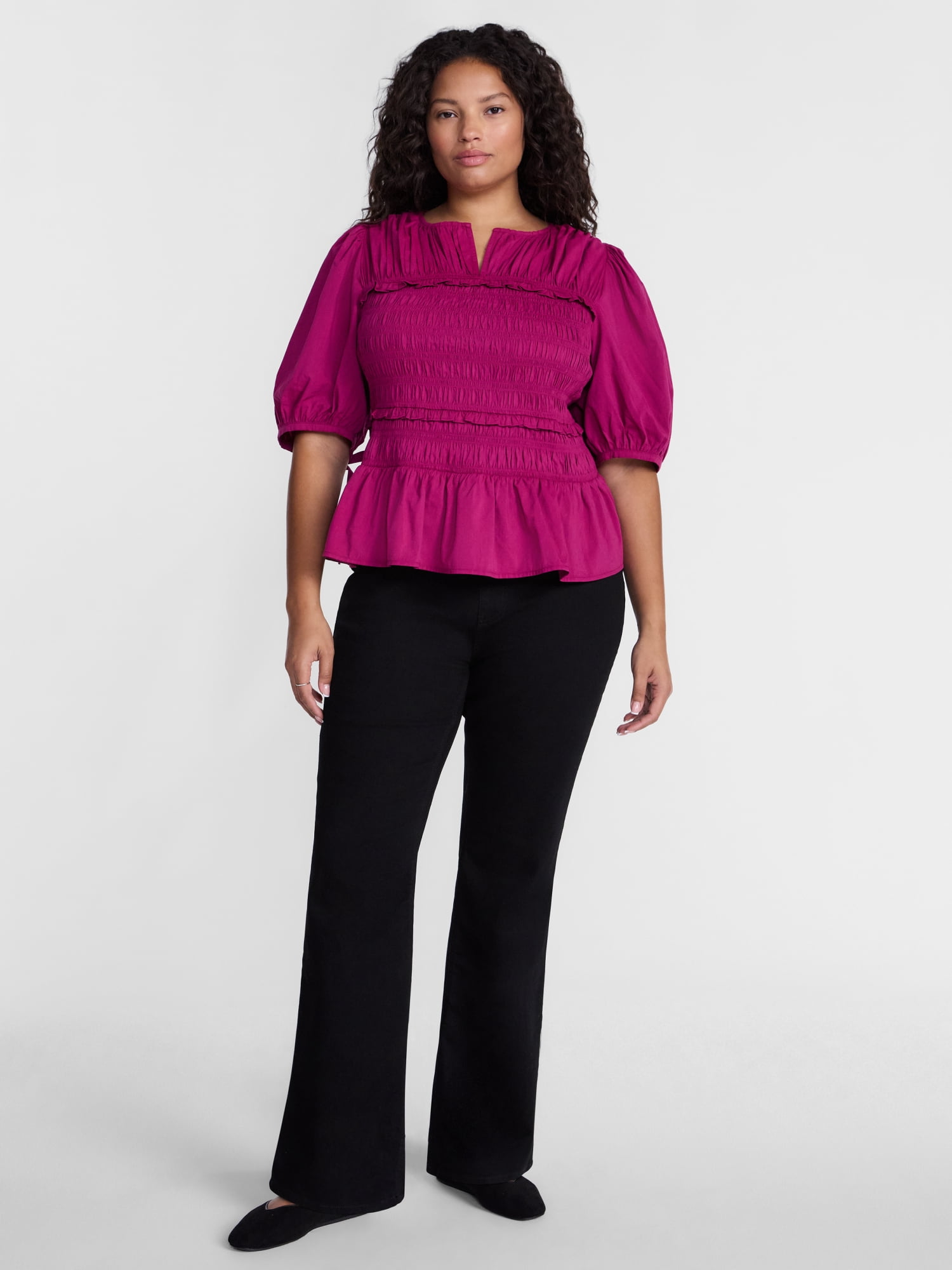 Terra & Sky Women's Plus Smocked Top with Tie Elbow Length Puff Sleeves, Sizes 0X-5X