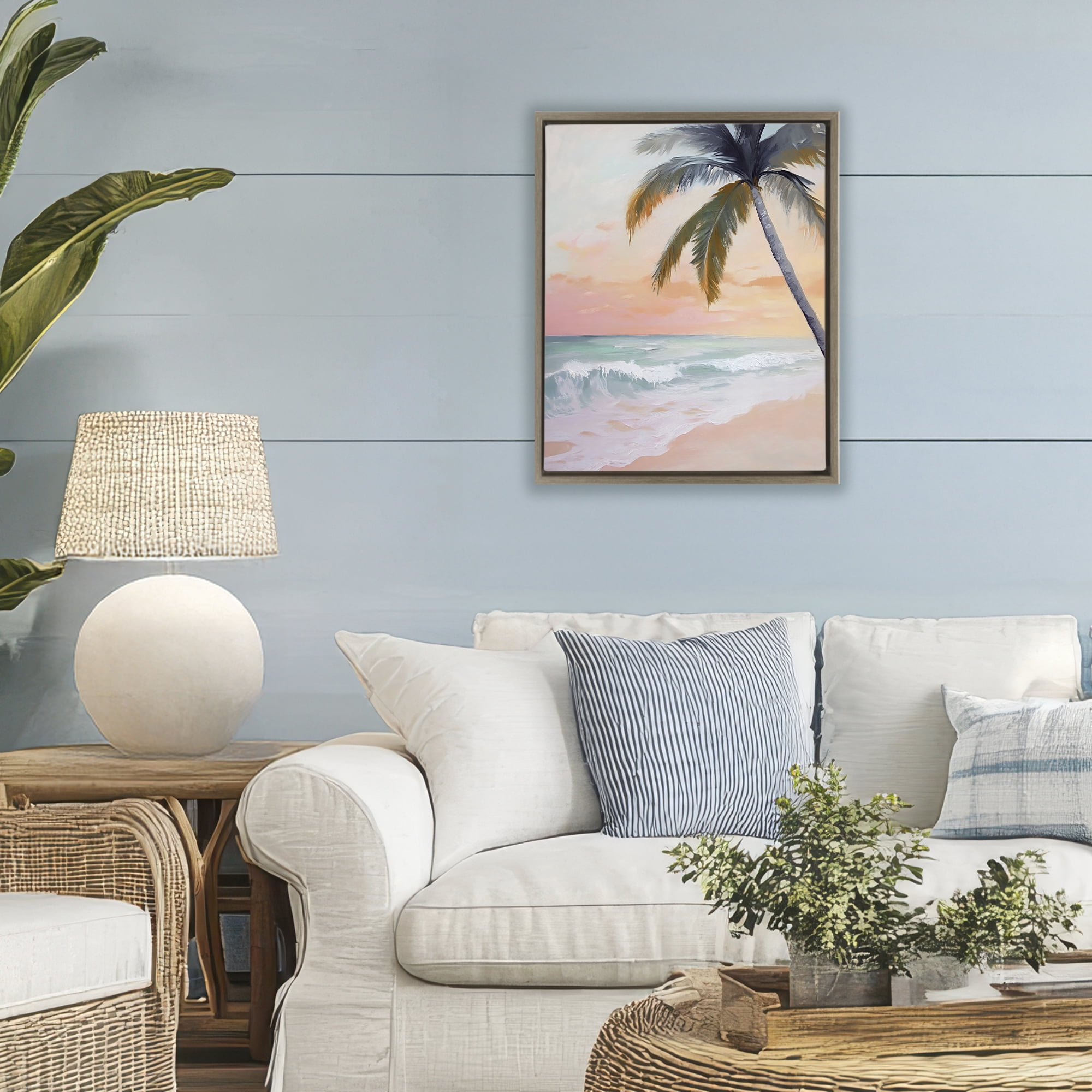 Stupell Industries Tranquil Sunset & Beach Palm Brown Framed Floater Canvas Wall Art, design by Creative Studio