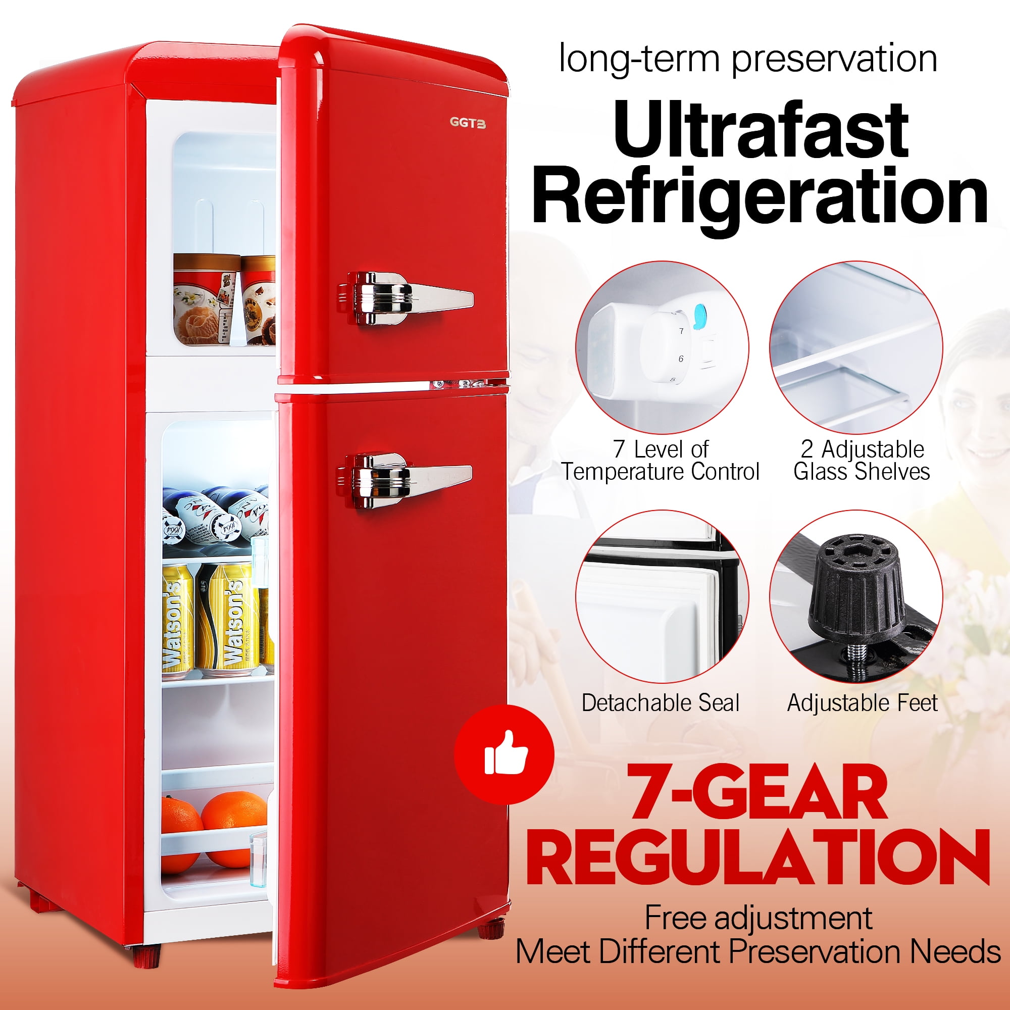 GGTB 3.2 cu.ft Retro Mini Fridge with Freezer, Double Door Compact Refrigerator, 7 Temperature Settings, Removable Shelves, Red for Dorm/Office/Apartment/Home