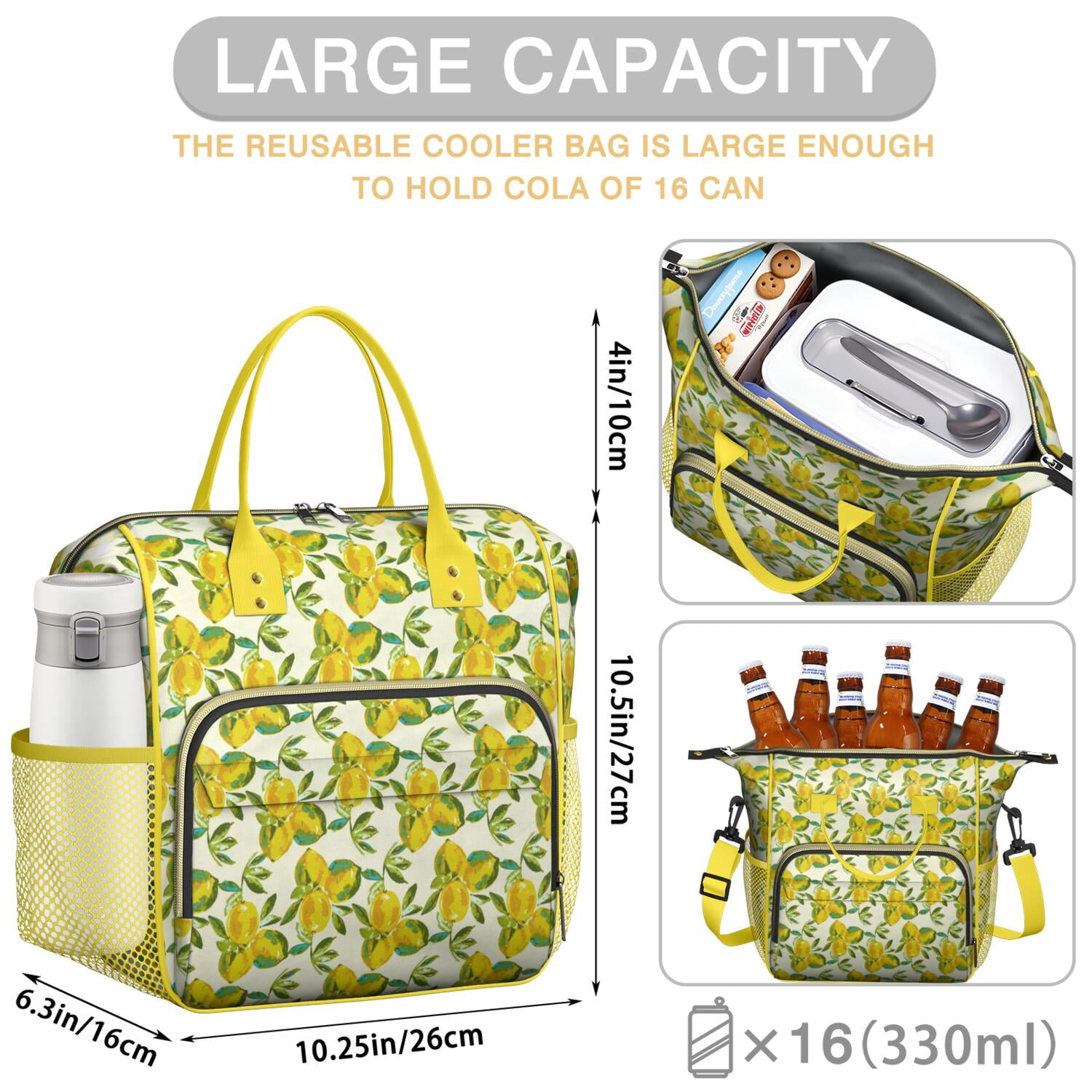 Cute Lemon Pattern Insulated Lunch Bag - Leakproof & Waterproof Food Storage Tote with Shoulder Strap for Work, School, Travel