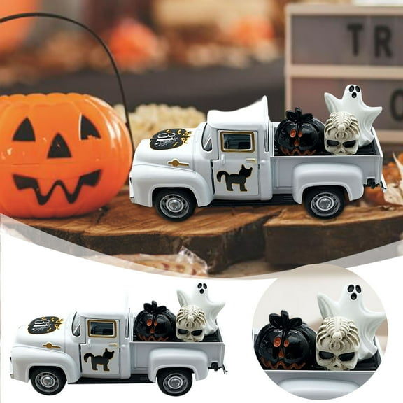 Coffee Bar Decoration Retro Truck Halloween Ornament with Three Cute Miniatures for Kitchen Tabletop Layered Tray Display Farmhouse Style