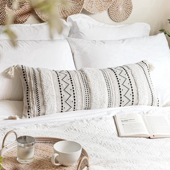 BlissBlush Black Neutral Decorative Lumbar Throw Pillow Cover 14x36 Boho Long Cushion for Bed Accent Farmhouse Pillowcase for Bedroom Living Room Couch Sofa Home Décor (Cover ONLY, Pack of 1)