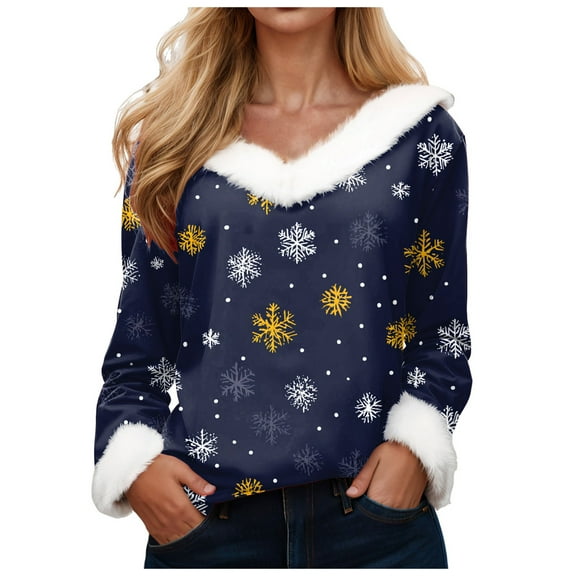 zaveiop Christmas Sweaters for Women Waffle Light Tree Star Snowflake Printed Fluffy Fuzzy V Neck Long Sleeve Shirts (Navy, M)