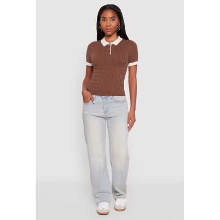Women's Contrast Trim Cable Knit Sweater Polo
