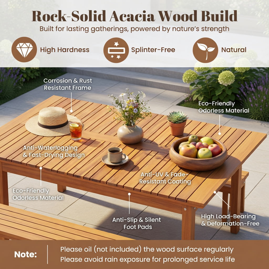Hommoo Acacia Wood Outdoor Garden Bench, Slatted Seat Patio Bench for Porch, Balcony & Backyard, Natural