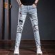 thumbnail image 3 of Pantalones vaqueros ajustados rasgados para hombre, rotos, con estampado, estilo vaquero, estilo retro, coreano, con agujeros, novedad, tallas S, 3 of 5