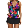 thumbnail image 5 of Dagegui Women's Tankini with Skirt Tummy Control Swimsuit 2 Piece Bathing Suit Ruffle V Neck Swimwear Modest Swimming Suits 02 Multicolor L, 5 of 9