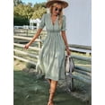 thumbnail image 2 of Women'S Summer Ruffle Puff Sleeve Dress Short Sleeve V Neck High Waist Casual Loose Striped Midi Dresses  Green S, 2 of 7