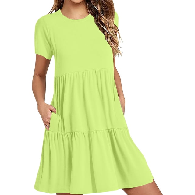Hyknon Robes pour Femmes Mode Été Décontracté Manches Courtes Robe T-Shirt à Étages Mini Robes avec Poches Décontracté Doux Fluide Ample Robes