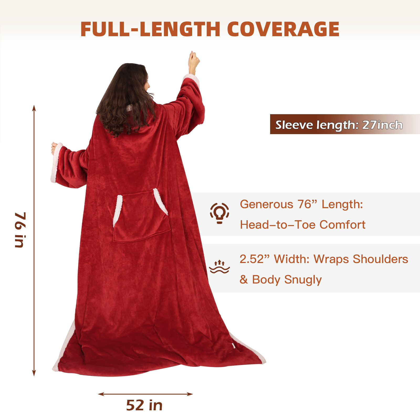 Xinhao Heated Throw Blanket with Sleeves, Wearable Electric Blanket with Foot Pocket, 6 Adjustable Heat Settings, 70 * 50", Cozy Flannel and Sherpa, Wine Red