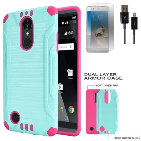 Phone Case forAT&T PREPAID LG Phoenix 4, Tracfone LG Rebel 4 Case, Straight Talk Rebel 3, Aristo 2 Plus Shockproof Cover Screen Protector USB Cable (Combat Brush Teal-Pink TPU / USB / (What's The Best Prepaid Phone Carrier)