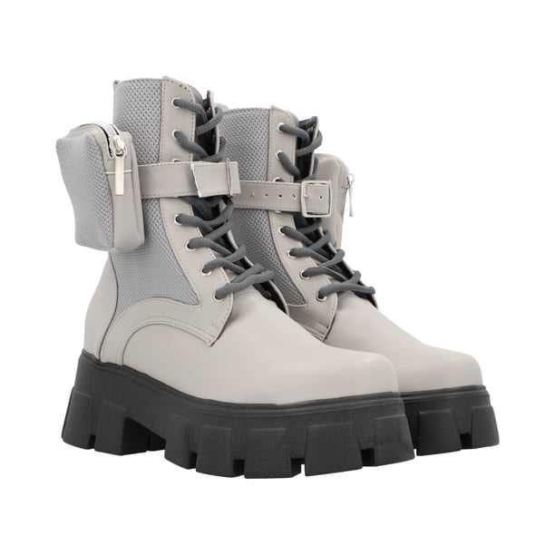 Bota Combat Suela Gruesa Track Con Bolsita Mujer Color Gris Platonia RENATACEMENTOT26