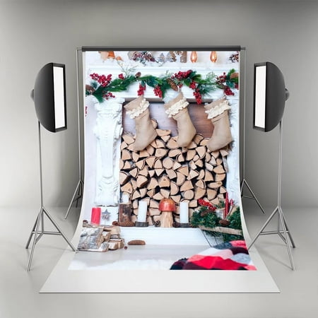 Image of 5x7ft White Fireplace Backgrounds for Parties Christmas Socks Christmas Backdrop for Photography Kids