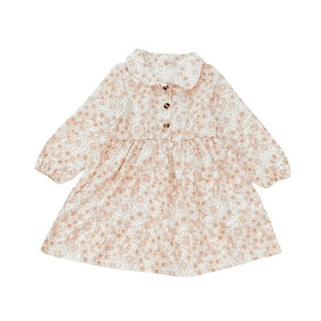 Mikrdoo 6T Little Girls Dress 6-7 Years Kid Girls Floral Full Print Doll Collar Dress One Piece Casual Elegant Dress White