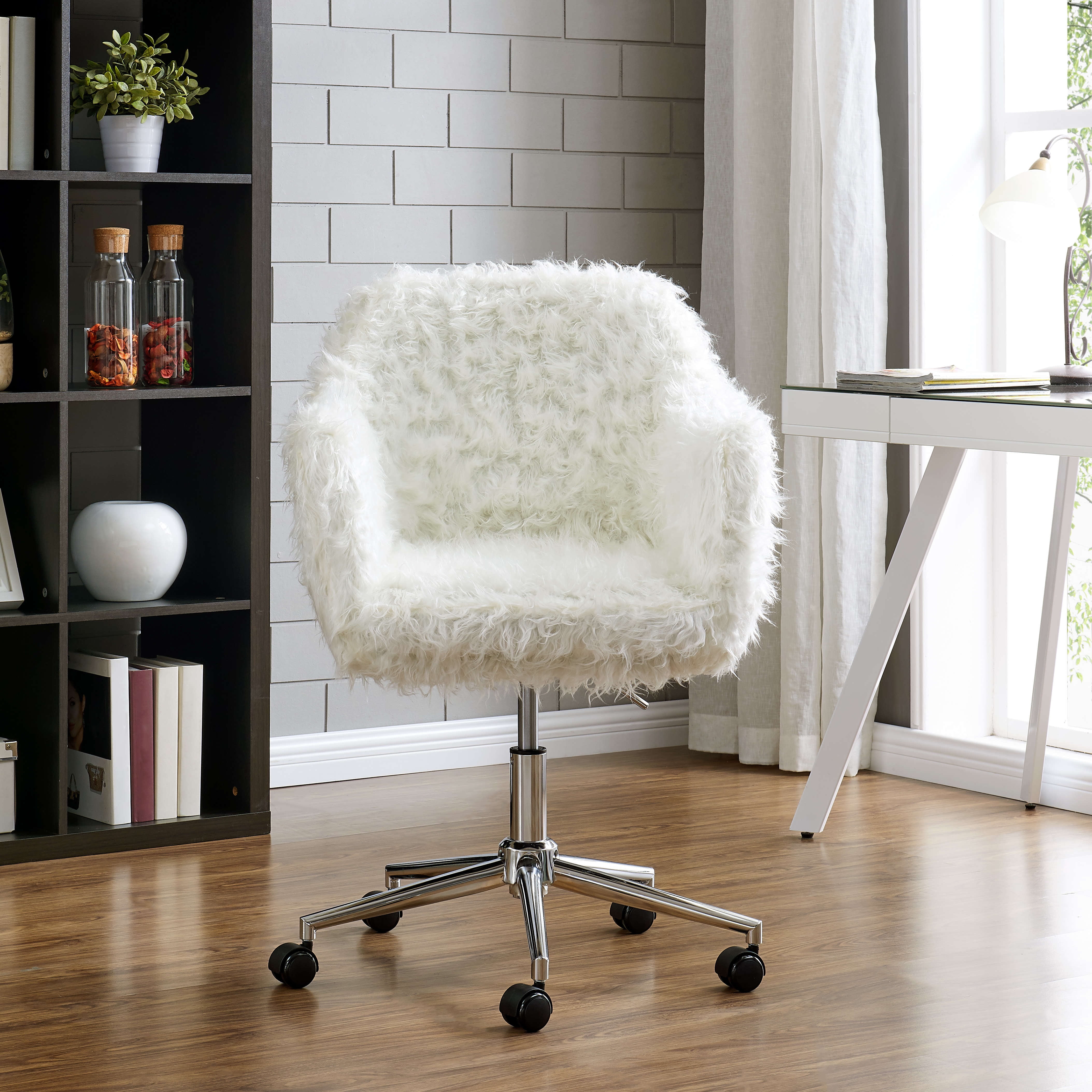 Fur Upholstered Office Chair With Chrome Base In White
