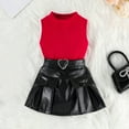 thumbnail image 2 of AUNVITO Girls Solid Color Ribbed Tank Top PU Leather Waist Button Skirt Set Trendy Y2K Outfit, 2 of 9