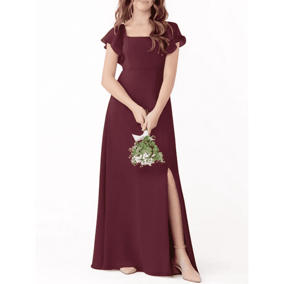 Junior Bridesmaid Dresses with Ruffle Short Sleeves High Slit Skirt Elegant Flower Girl Dress for Teens Wedding Party for Special Occasions