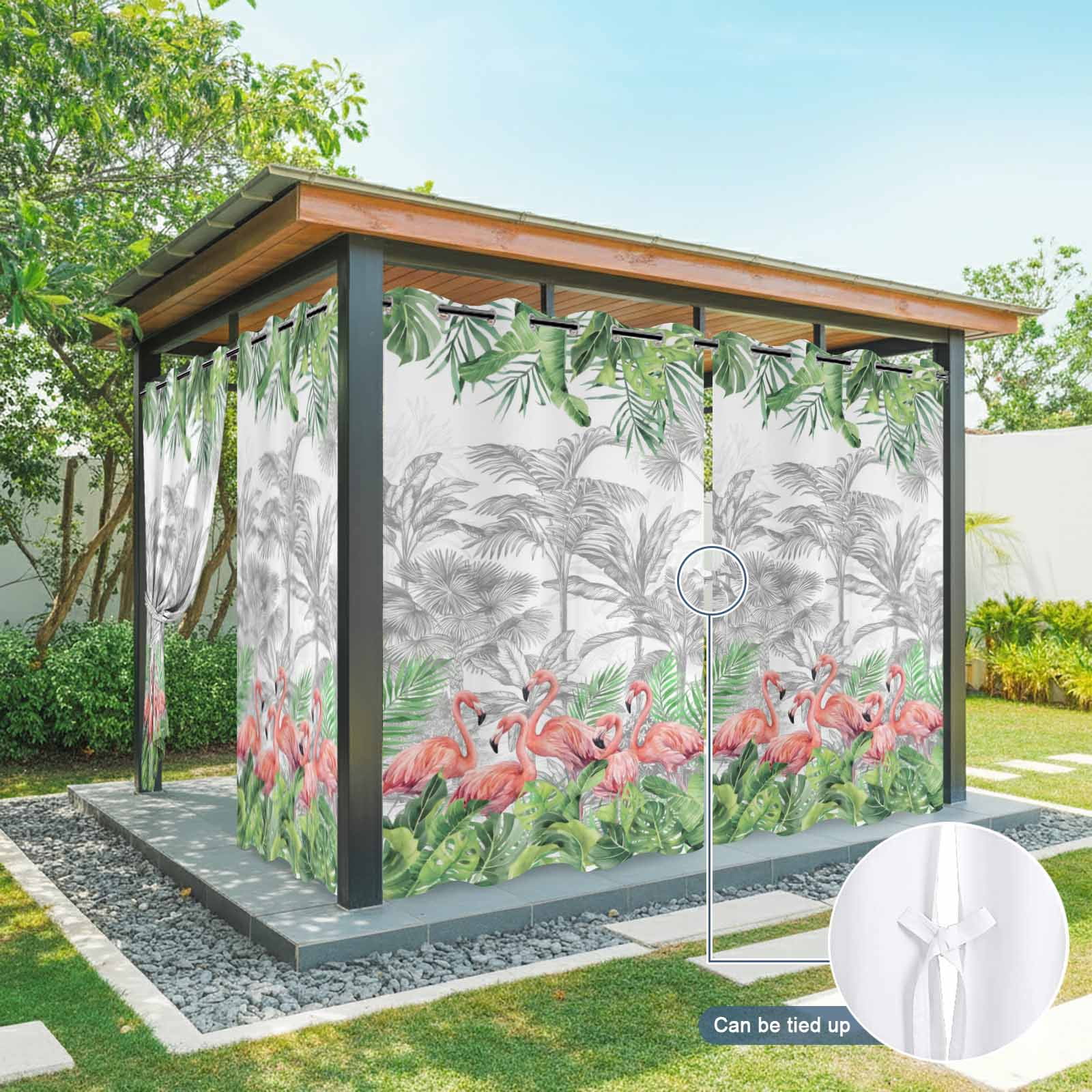 Summer Tropical Outdoor Curtains for Patio, Pink Flamingo Jungle Green Palm Leaves Grey Sunshade Privacy Drapes Grommet Waterproof Outside Curtains for Porch/Cabana/Balcony 54"x 108", 1 Panel