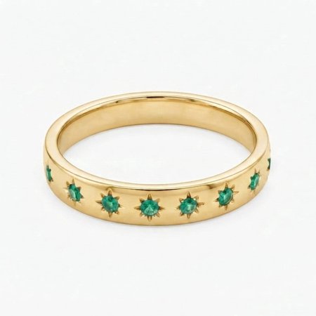 Round Cut Emerald Starburst Half Eternity Band Ring, 925 Sterling Silver Yellow Gold Plated Promise Ring, May Birthstone Proposal Ring