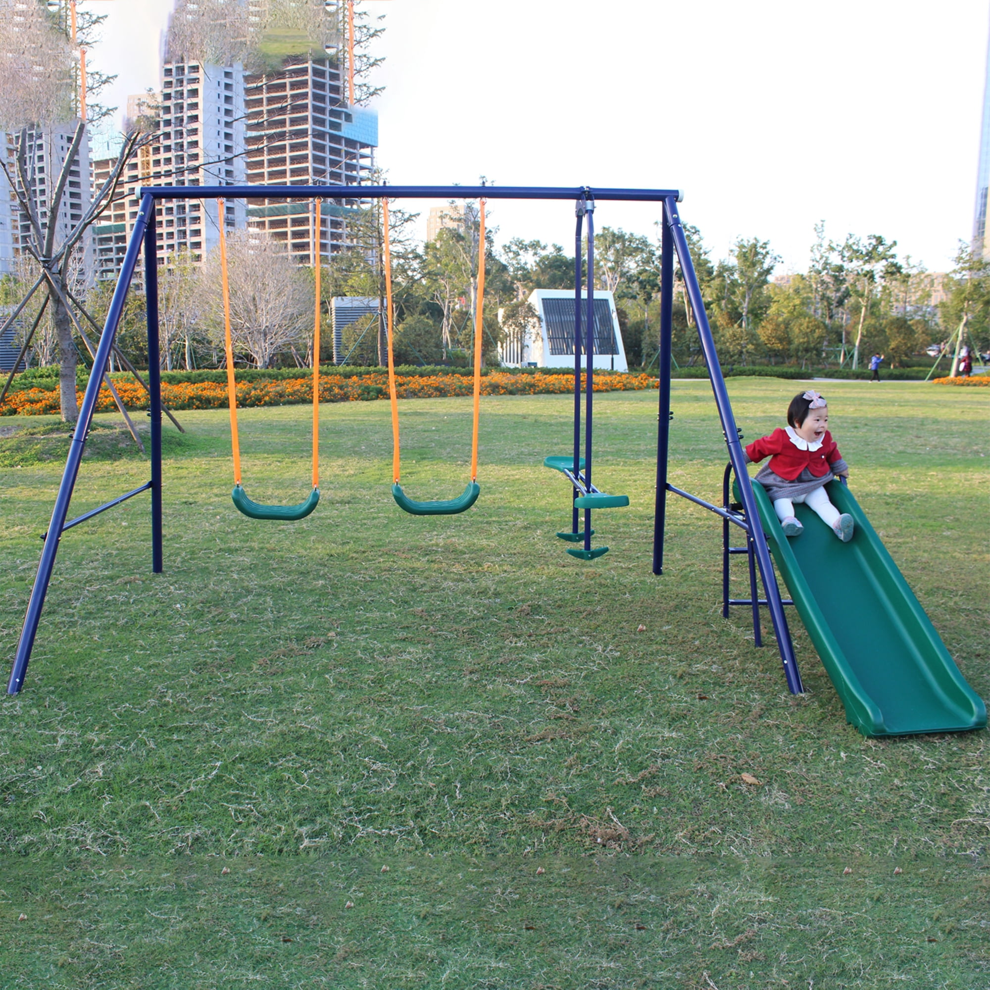 iRerts Outdoor Swing Sets for Kids, 5 in 1 Metal Swing Set with Slide, Seesaw Swing, Basketball Hoop, Heavy Duty Kids Playground Set for Backyard Garden Park, Kids Backyard Swing Set for Boys Girls