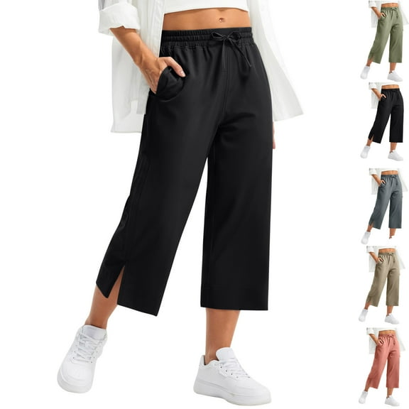 Admvng Womens Capri Pants Casual High Waist Lightweight Wide Leg Cropped Pants with Pockets S-2XL
