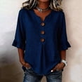 thumbnail image 2 of Women Casual Cotton Linen V Neck 3/4 Sleeve Button Decor Loose Fit Summer Blouse Top, 2 of 9