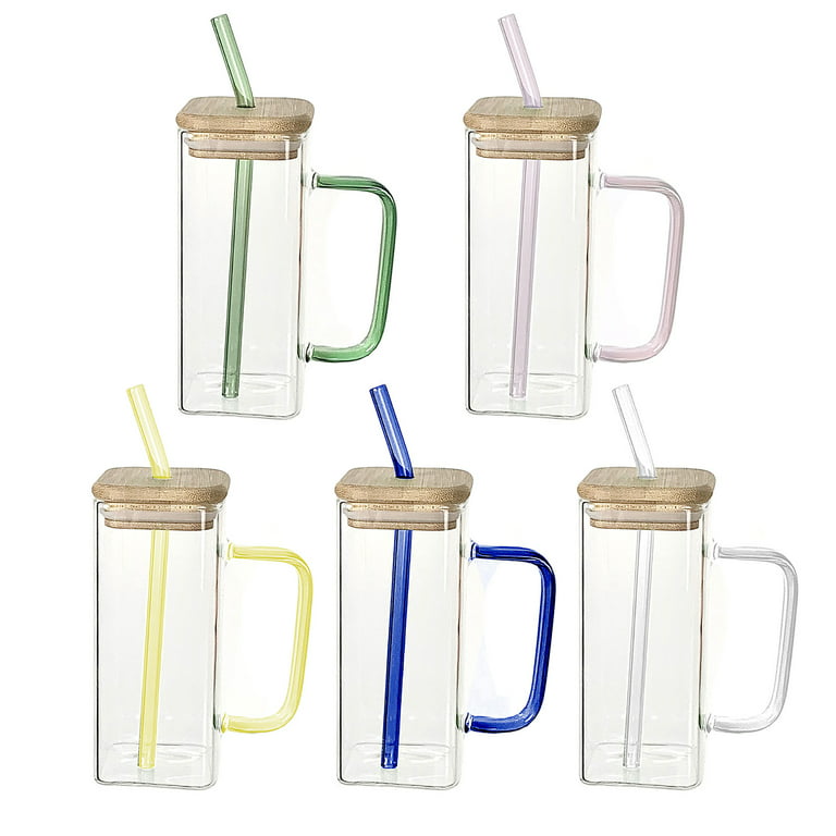 400ml Creative Square Glass Cup With Handle Straw Clear Vintage