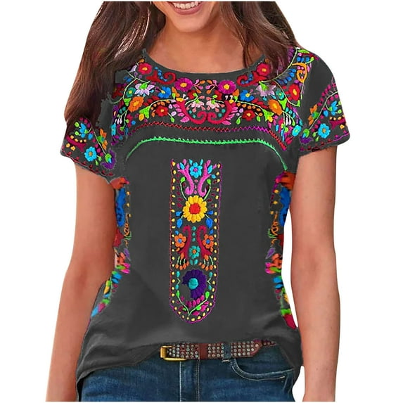 Women's Embroidery Mexican Shirt Short Sleeve Tshirt Boho Tops Tunic Fashion Causal Crew Neck Summer Blouses