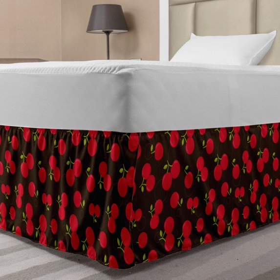 Cherry Bed Skirt, Summer Time Illustration of Repeating Fruit Motifs Ripe and Refreshing, Elastic Bedskirt Dust Ruffle Wrap Around for Bedding Decor, 4 Sizes, Dark Brown Dark Pink, by Ambesonne