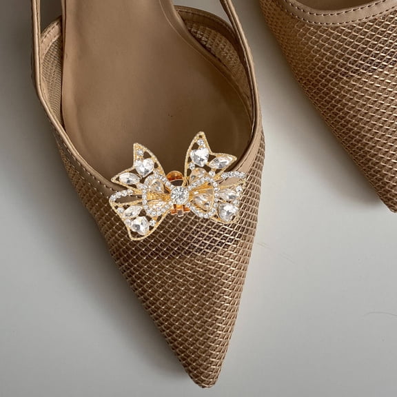 PENIKOKO Golden Rhinestone Bow Shoe Buckles Clips Embellishments 1 Pair for Women and Girls Shoes Accessories