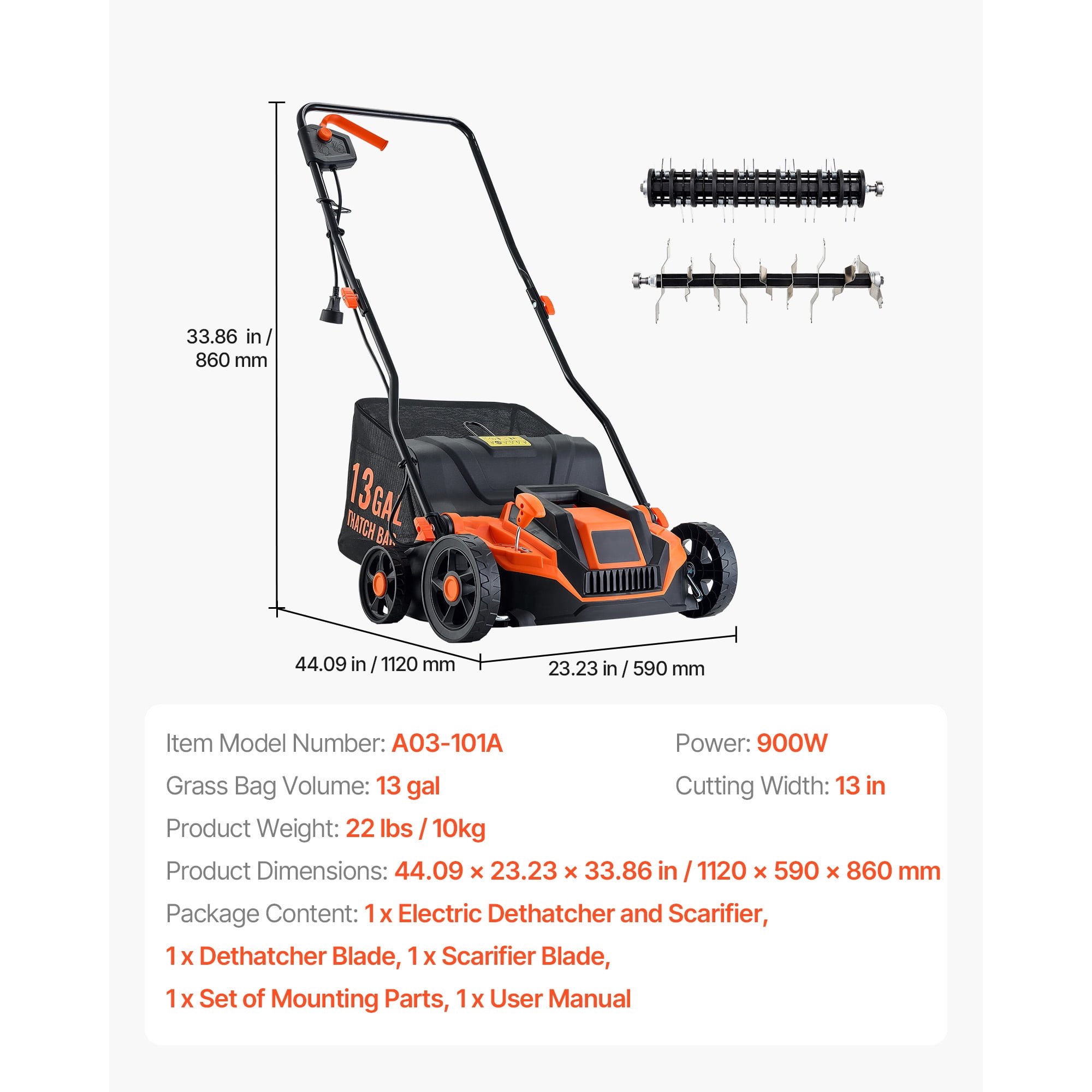 KFFKFF 2-in-1 Electric Dethatcher and Scarifier, 13-Inch 13 Amp, Corded Lawn Tool with 13-Gallon Collection Bag, 5-Position Depth Control, Walk-Behind Equipment for Garden and Lawn Care