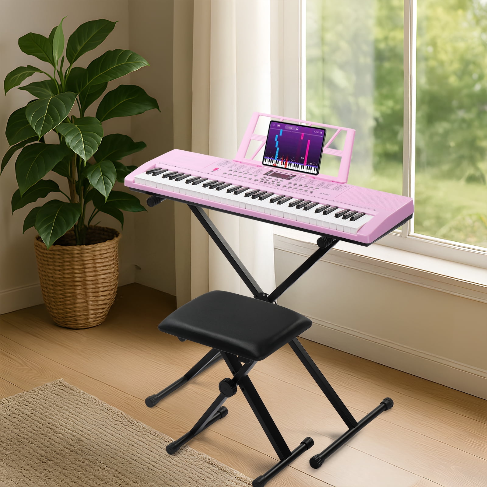 Ktaxon 61 Keys  Keyboard Piano with Lighted Keys, X-Stand, Piano Bench, Pink