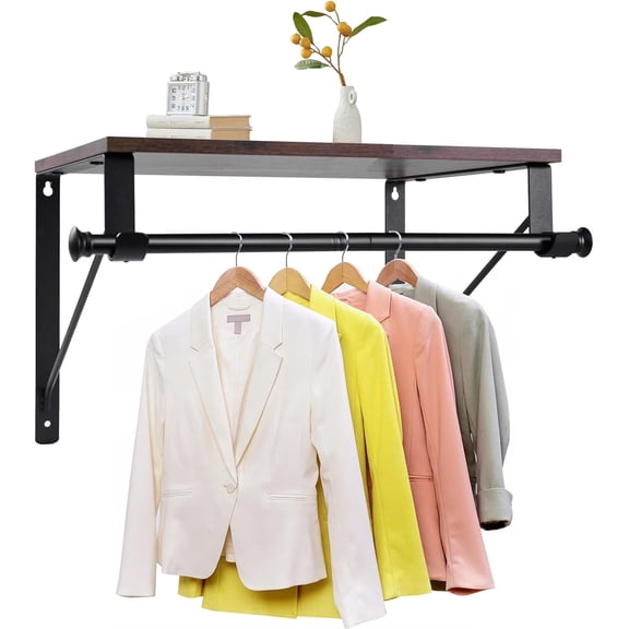 Wall Mounted Closet Shelf with Hanging Rod, & Brackets, Heavy Duty Storage Rack, Space Saving Organizer for Bedroom Closet, Kitchen,Laundry Room Bathroom