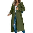 thumbnail image 3 of Women's Double Breasted Long Trench Coat Windproof Classic Lapel Slim Overcoat with Belt Olive Green L, 3 of 9