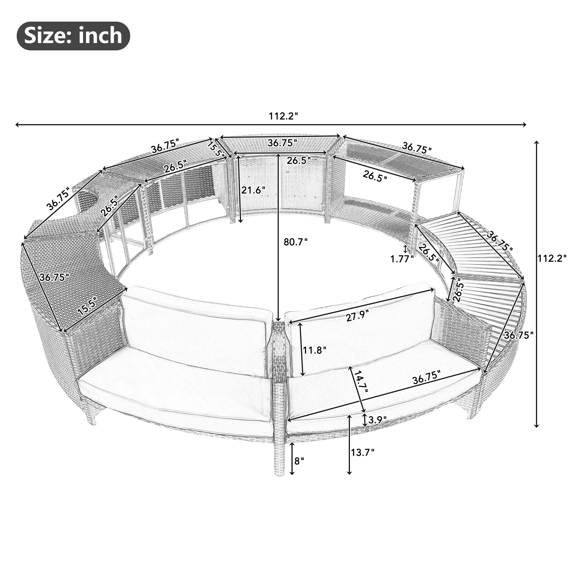 Round Hot Tub Surround Furniture, Spa Surround Outdoor Rattan Sectional Sofa Set with Mini Sofa, Solid Acacia Wood Hot Tub Storage Surround Patio Furniture Set, Gray Cushion