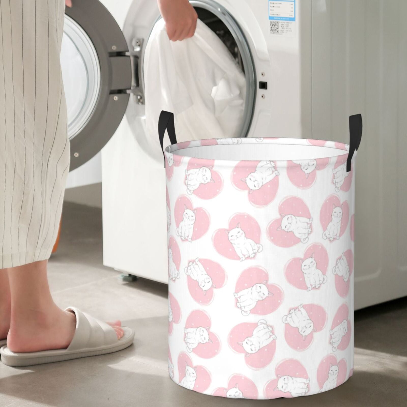Large Laundry Basket with Handles - Cute Pink Loving Cartoon Cat Kids Baby Dirty Clothes Laundry Hamper for Bedroom Aesthetic