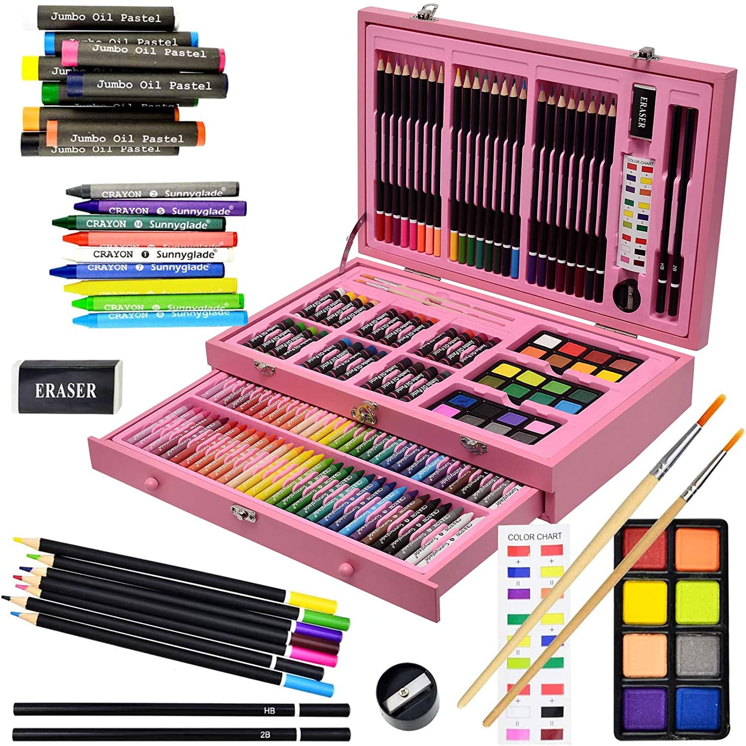 Bibana 185 Pieces Drawing Art Set，Double Sided Trifold Easel Art Box with  Oil Pastels, Crayons, Colored Pencils, Markers, Paint Brush, Watercolor  Cakes, Sketch Pad (Blue Art Supplies) 