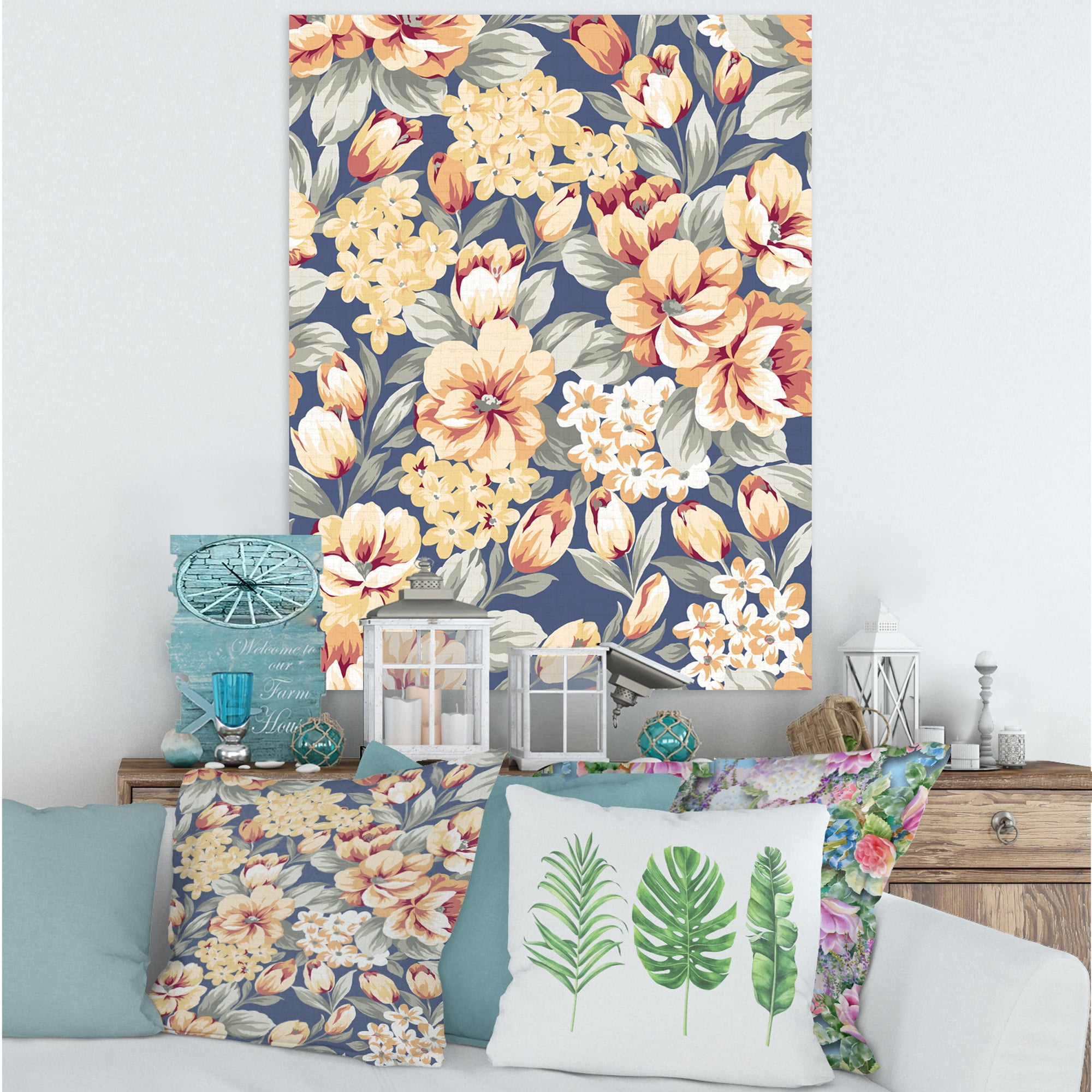 Designart ' Vintage Orange and Yellow Flowers ' Traditional Canvas Wall Art Print