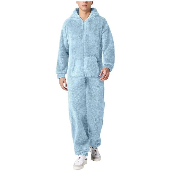 Mens Winter Couples Warm Jumpsuit With Zipper Lounging Sleeping Clothes