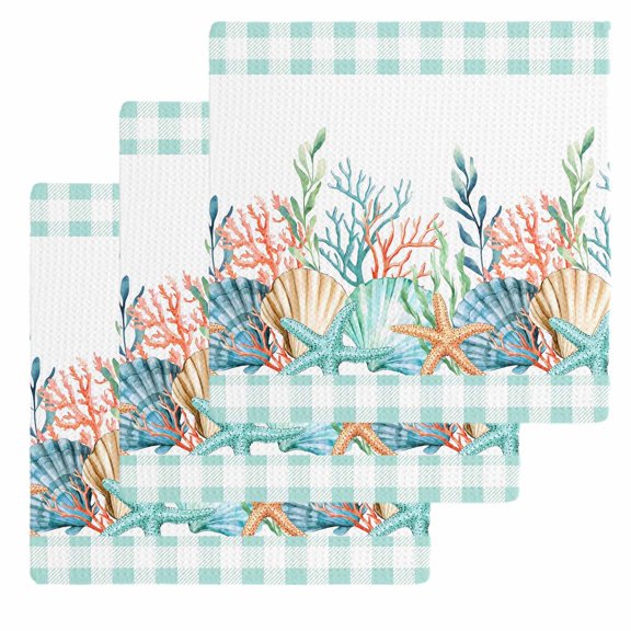 Nautical Coastal Kitchen Dish Towels for Drying Dishes Set of 3, Summer Sea Corals Shells Starfish Green Plaid Waffle Weave Microfiber Hand Tea Bathroom Towels Quick Dry & Absorbent Towel 12x12