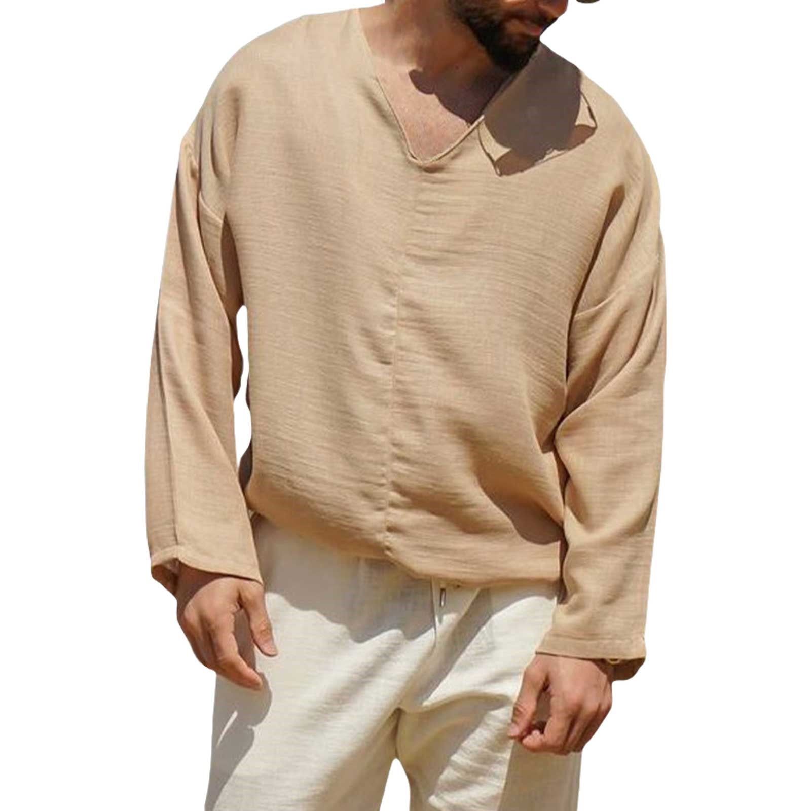 Men Summer Tops Casual Seaside Men's Linen Solid Color Long